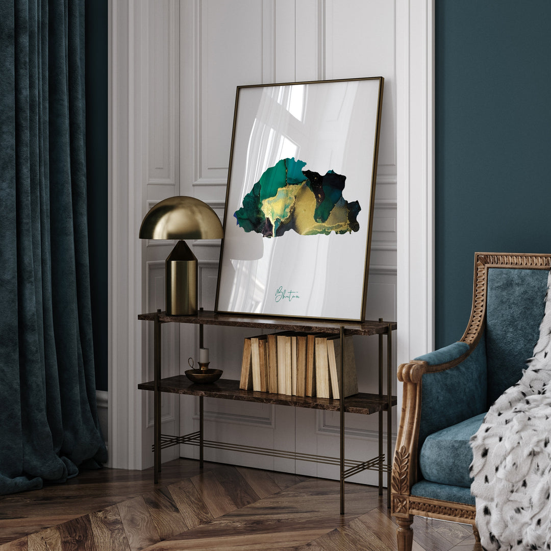 Bhutan Map Emerald Green and Gold Wall Art Print