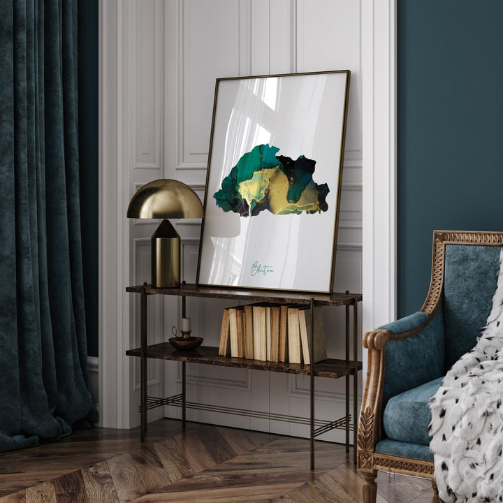 Bhutan Map Emerald Green and Gold Wall Art Print