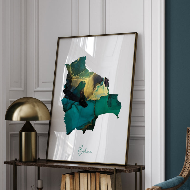 Bolivia Map Emerald Green and Gold Wall Art Print