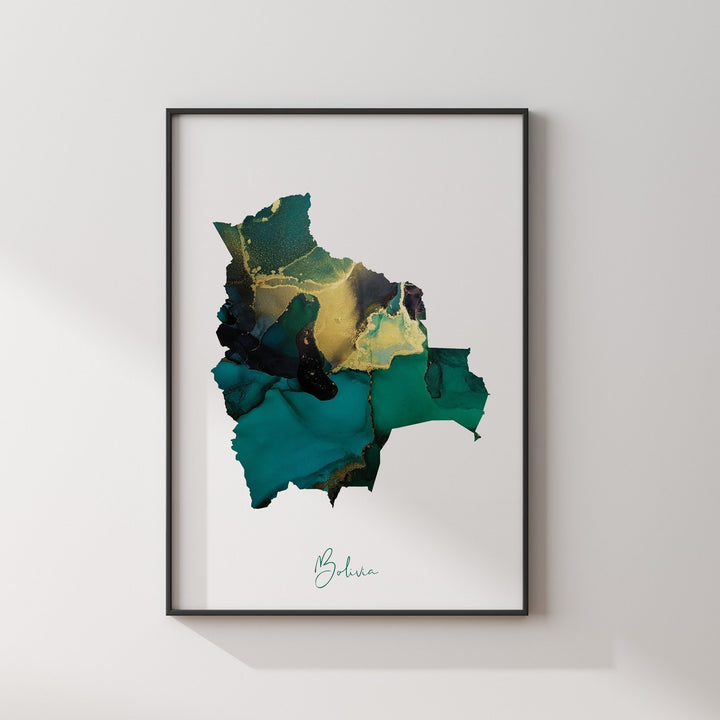 Bolivia Map Emerald Green and Gold Wall Art Print