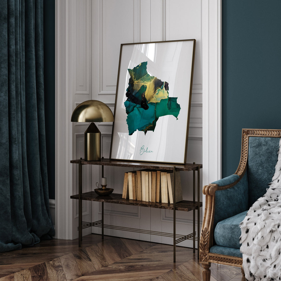 Bolivia Map Emerald Green and Gold Wall Art Print