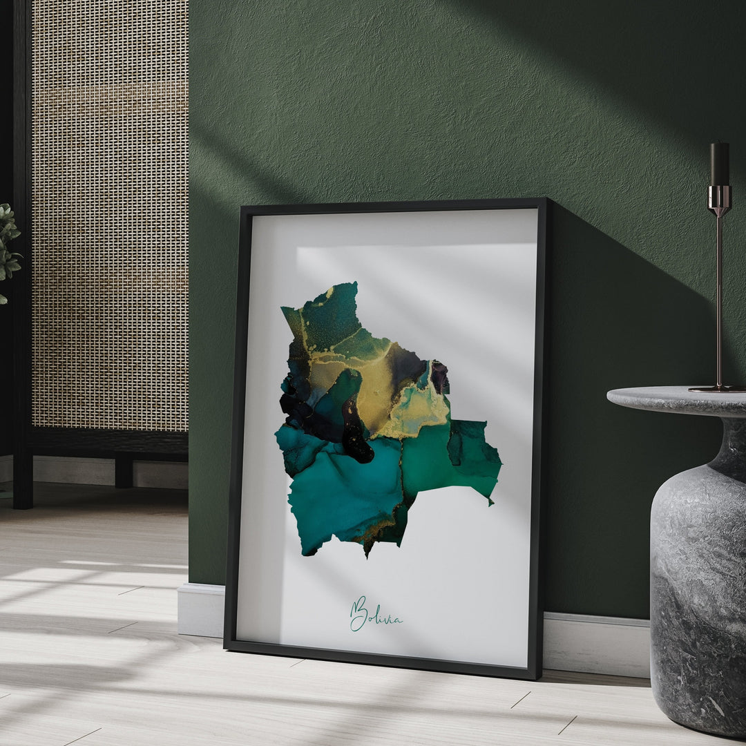 Bolivia Map Emerald Green and Gold Wall Art Print
