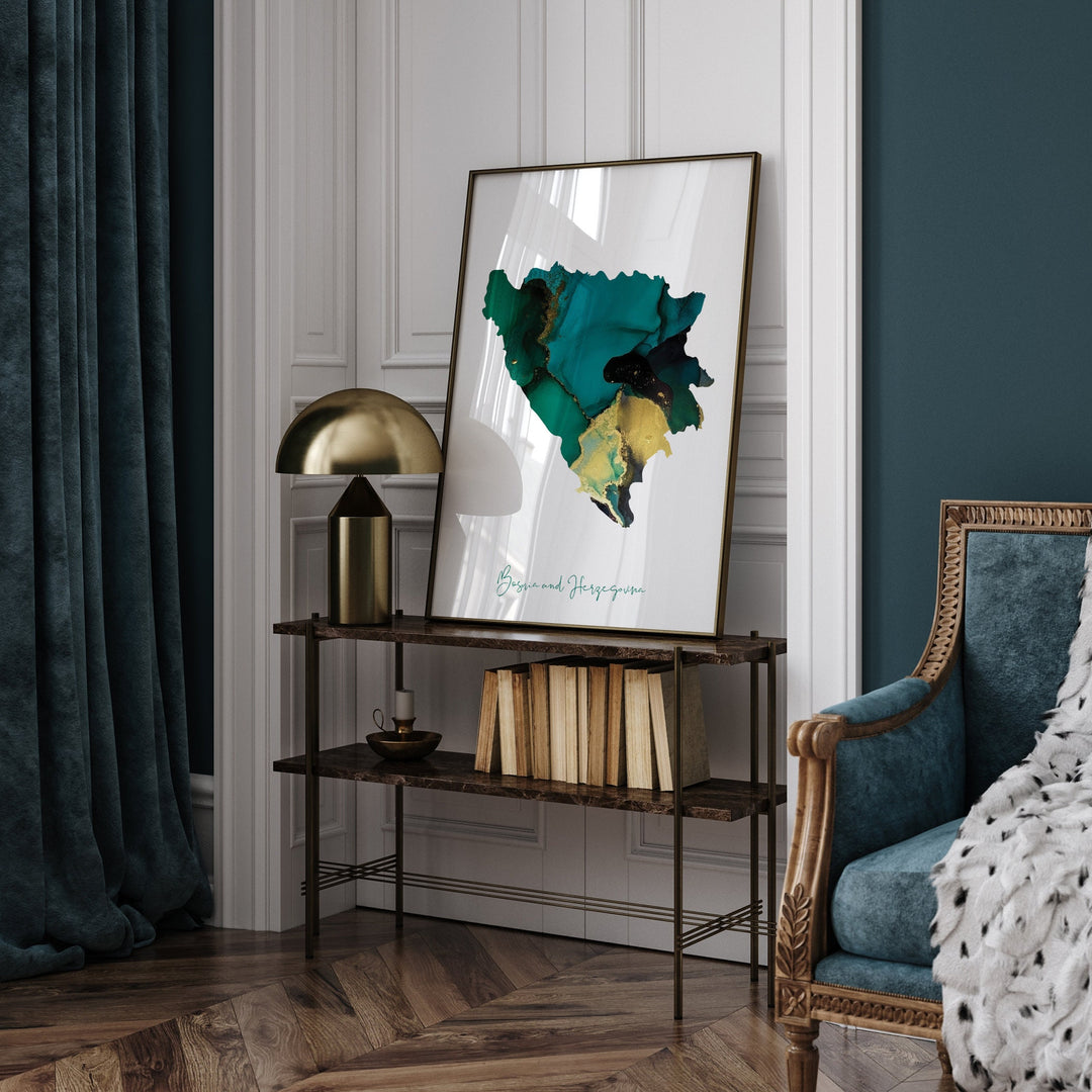 Bosnia and Herzegovina Map Emerald Green and Gold Wall Art Print