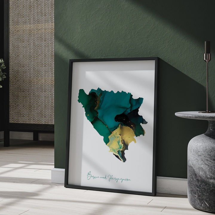 Bosnia and Herzegovina Map Emerald Green and Gold Wall Art Print