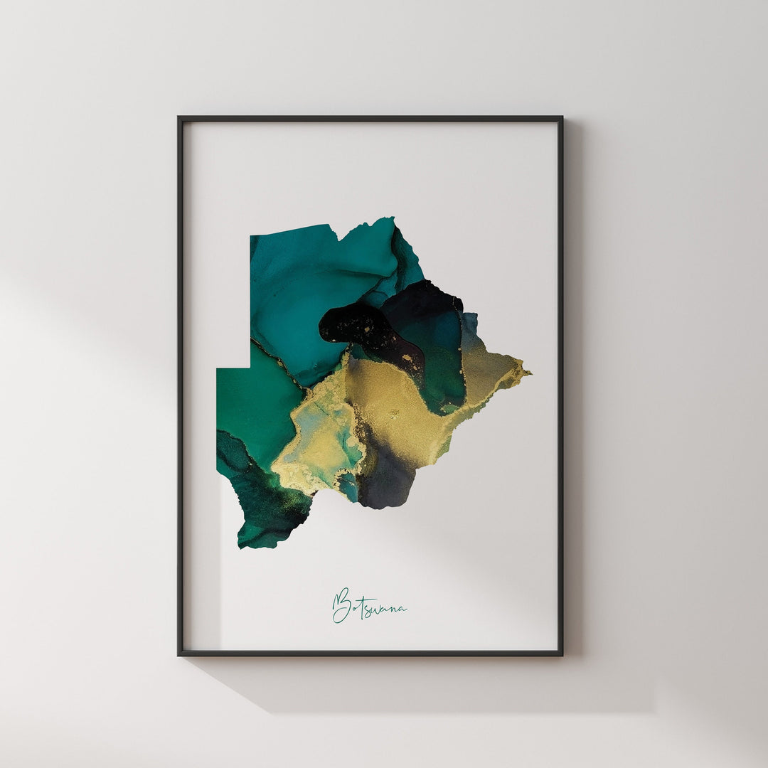 Botswana Map Emerald Green and Gold Wall Art Print