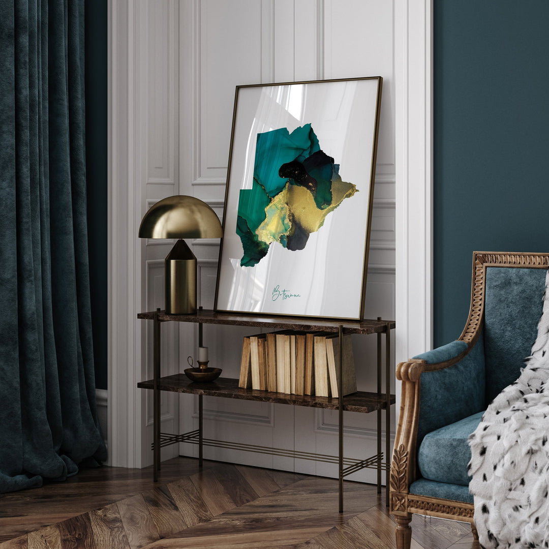 Botswana Map Emerald Green and Gold Wall Art Print