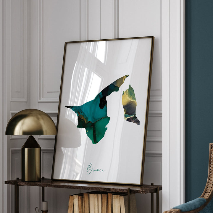 Brunei Map Emerald Green and Gold Wall Art Print