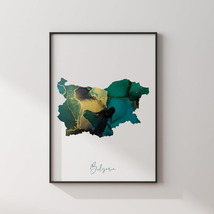 Bulgaria Map Emerald Green and Gold Wall Art Print