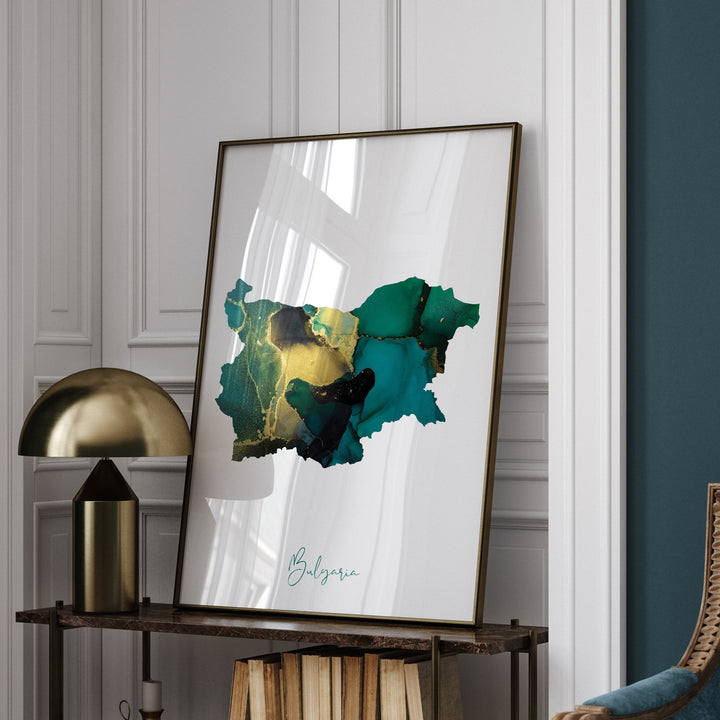 Bulgaria Map Emerald Green and Gold Wall Art Print