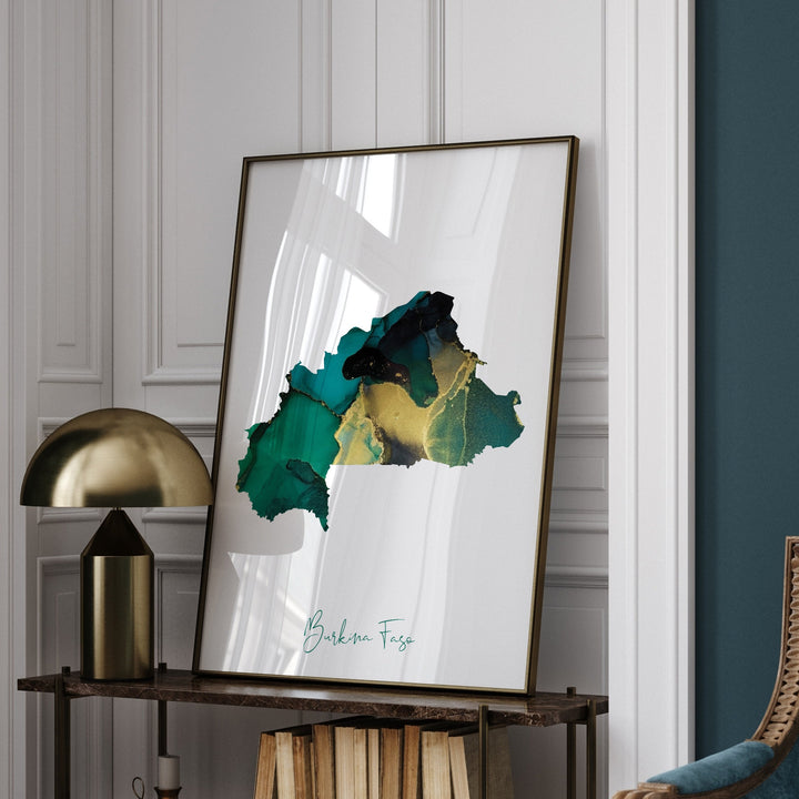 Burkina Faso Map Emerald Green and Gold Wall Art Print