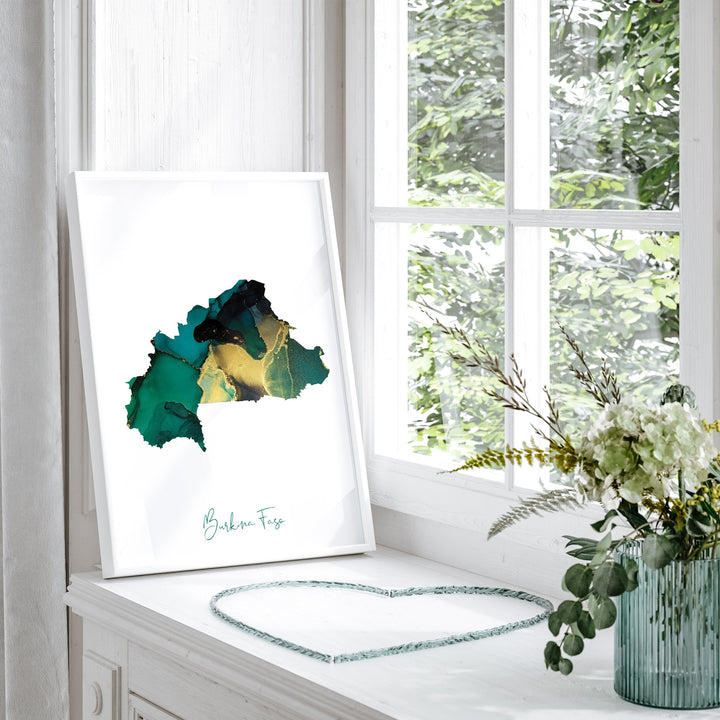 Burkina Faso Map Emerald Green and Gold Wall Art Print