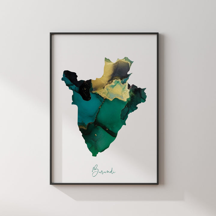 Burundi Map Emerald Green and Gold Wall Art Print