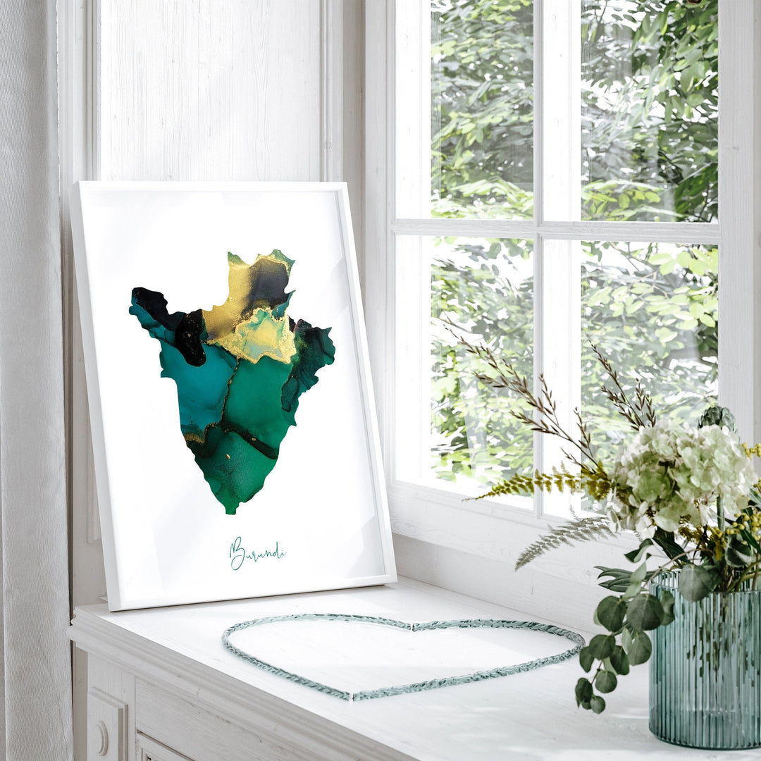 Burundi Map Emerald Green and Gold Wall Art Print