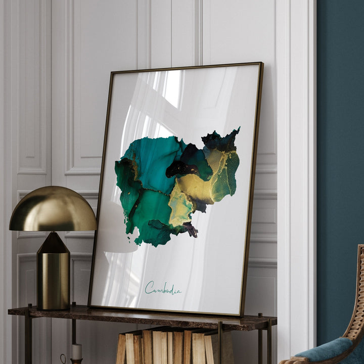 Cambodia Map Emerald Green and Gold Wall Art Print