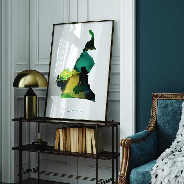 Cameroon Map Emerald Green and Gold Wall Art Print
