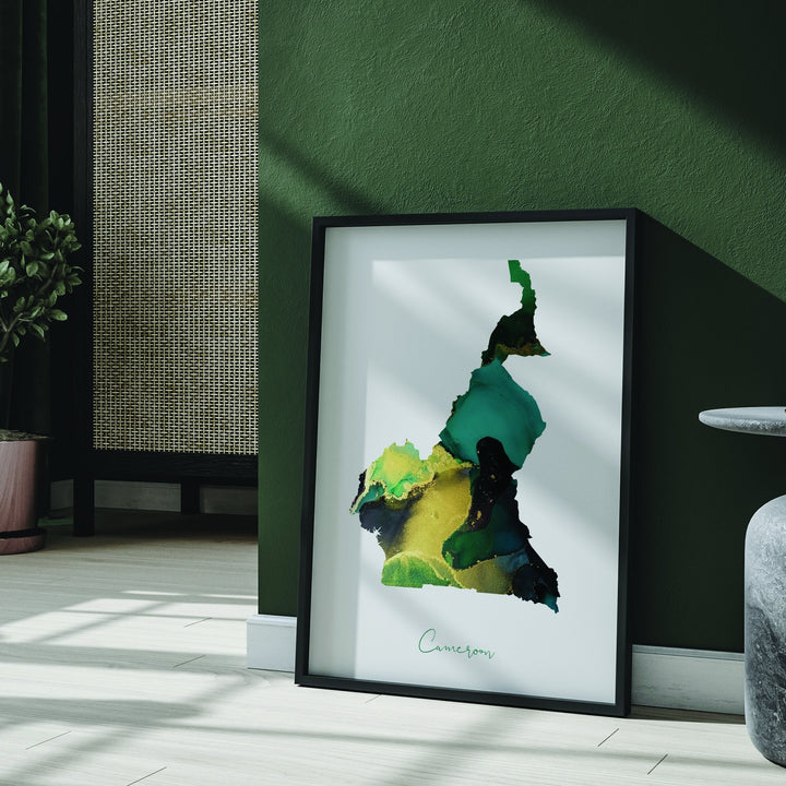 Cameroon Map Emerald Green and Gold Wall Art Print