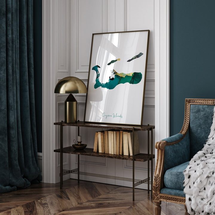 Cayman Islands Map Emerald Green and Gold Wall Art Print