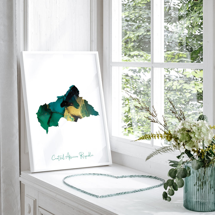 Central African Republic Map Emerald Green and Gold Wall Art Print