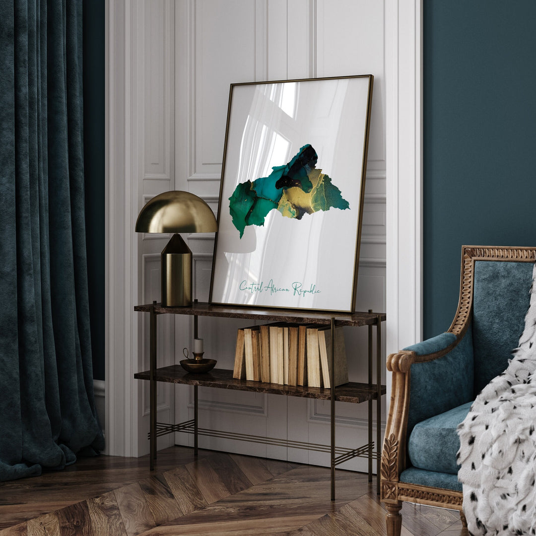 Central African Republic Map Emerald Green and Gold Wall Art Print