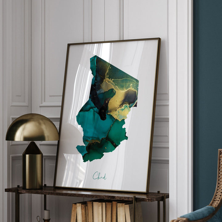 Chad Map Emerald Green and Gold Wall Art Print