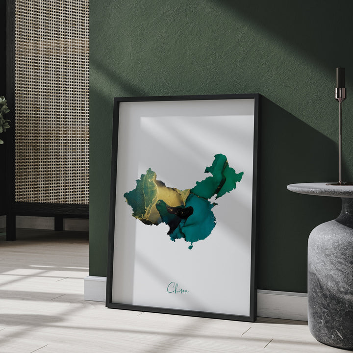 China Map Emerald Green and Gold Wall Art Print