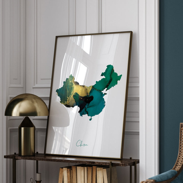 China Map Emerald Green and Gold Wall Art Print