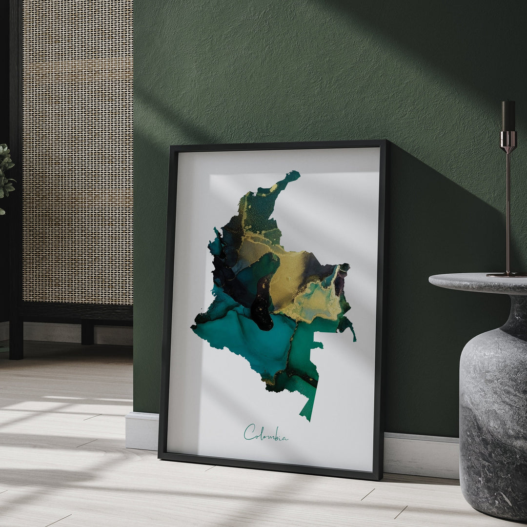 Colombia Map Emerald Green and Gold Wall Art Print