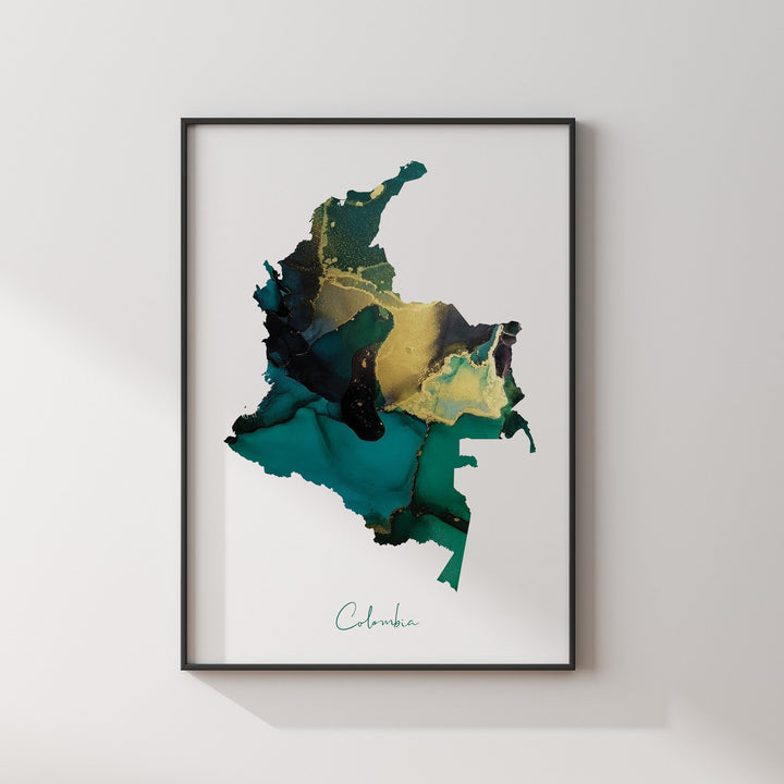 Colombia Map Emerald Green and Gold Wall Art Print