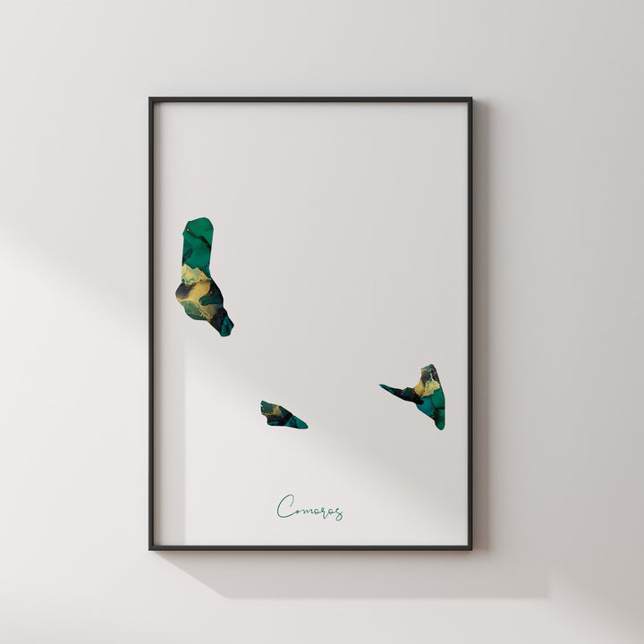 Comoros Map Emerald Green and Gold Wall Art Print