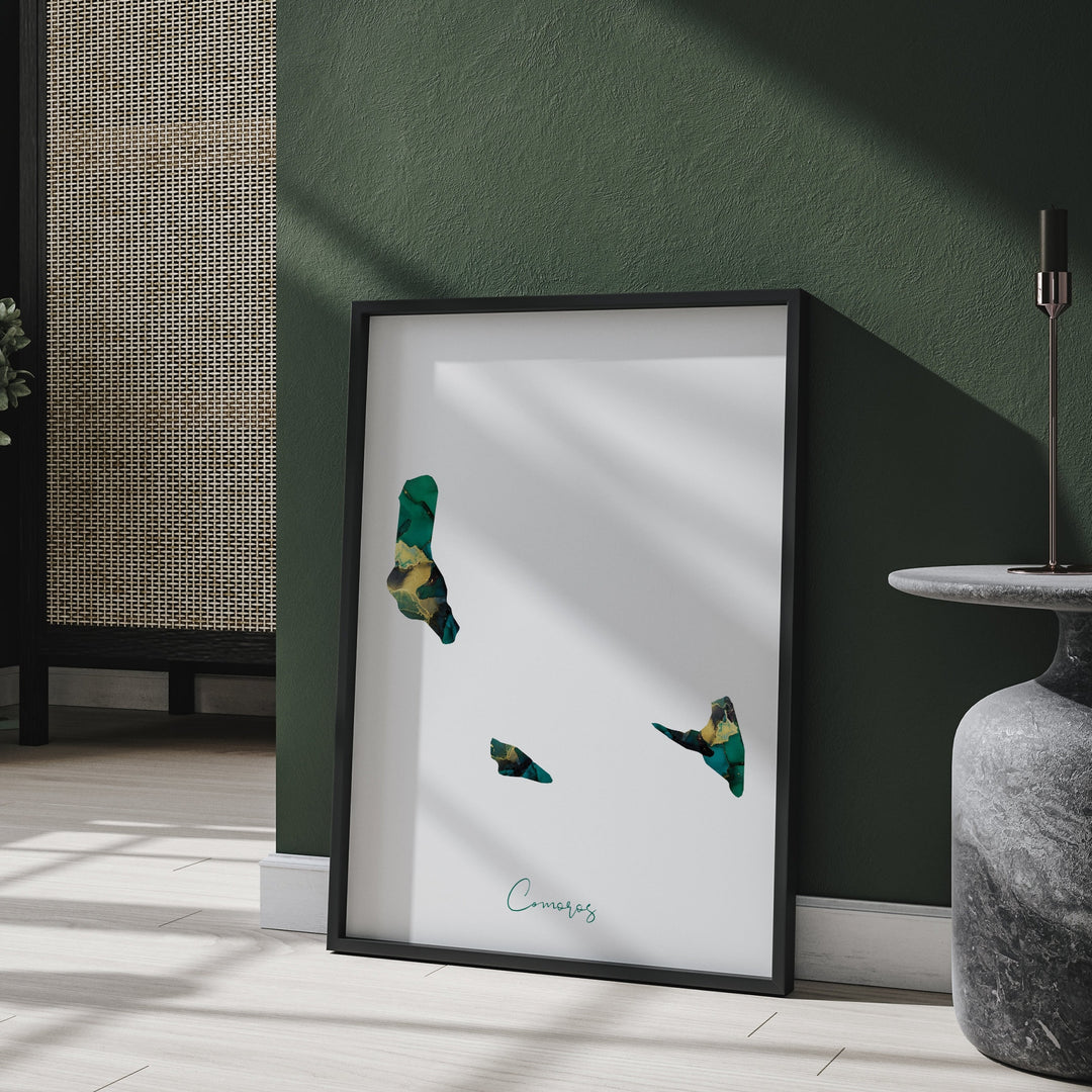 Comoros Map Emerald Green and Gold Wall Art Print