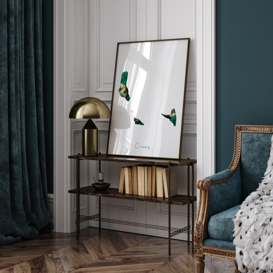 Comoros Map Emerald Green and Gold Wall Art Print