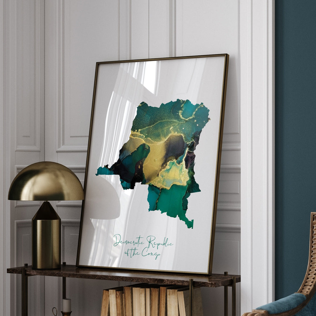 Congo Map Emerald Green and Gold Wall Art Print
