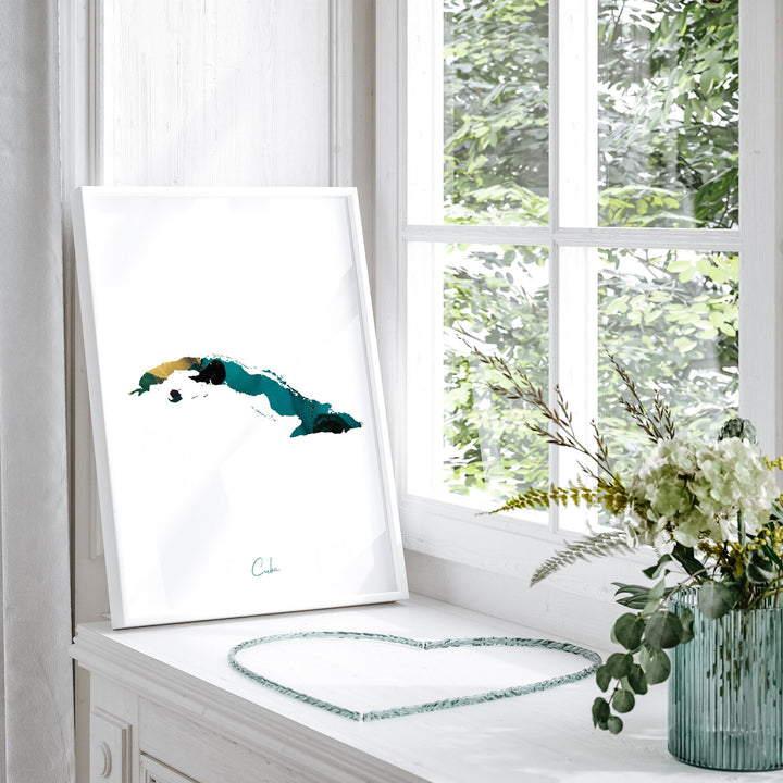 Cuba Map Emerald Green and Gold Wall Art Print