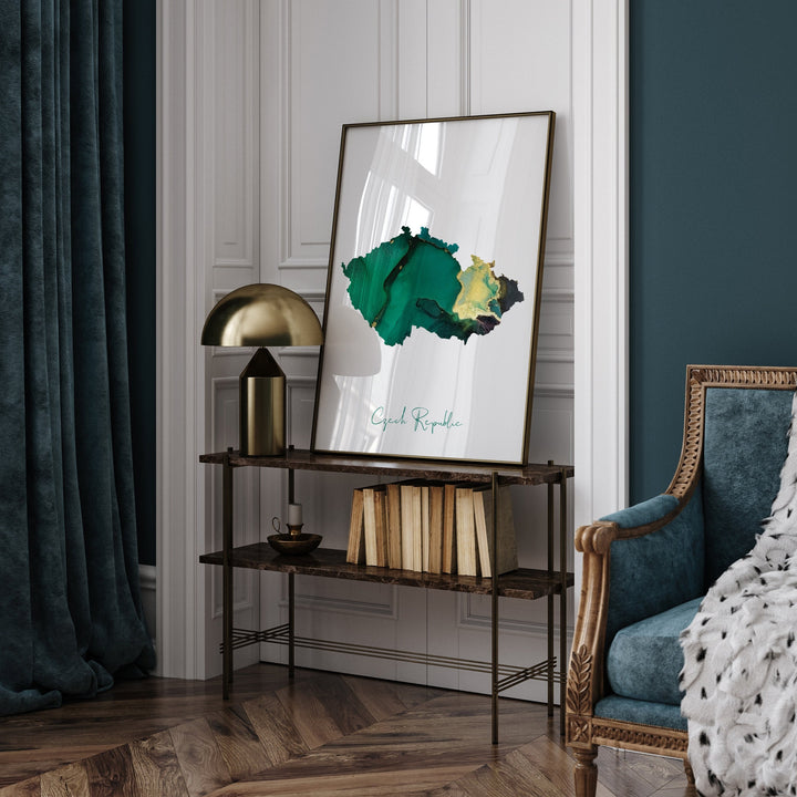 Czech Republic Map Emerald Green and Gold Wall Art Print