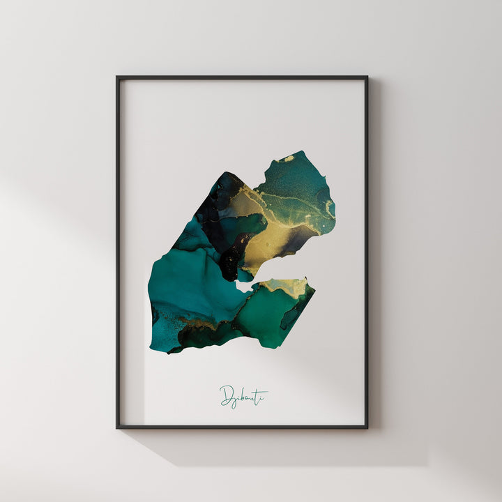 Djibouti Map Emerald Green and Gold Wall Art Print