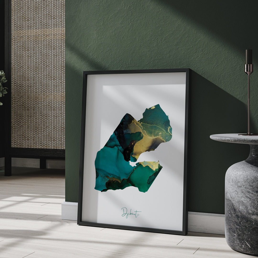 Djibouti Map Emerald Green and Gold Wall Art Print