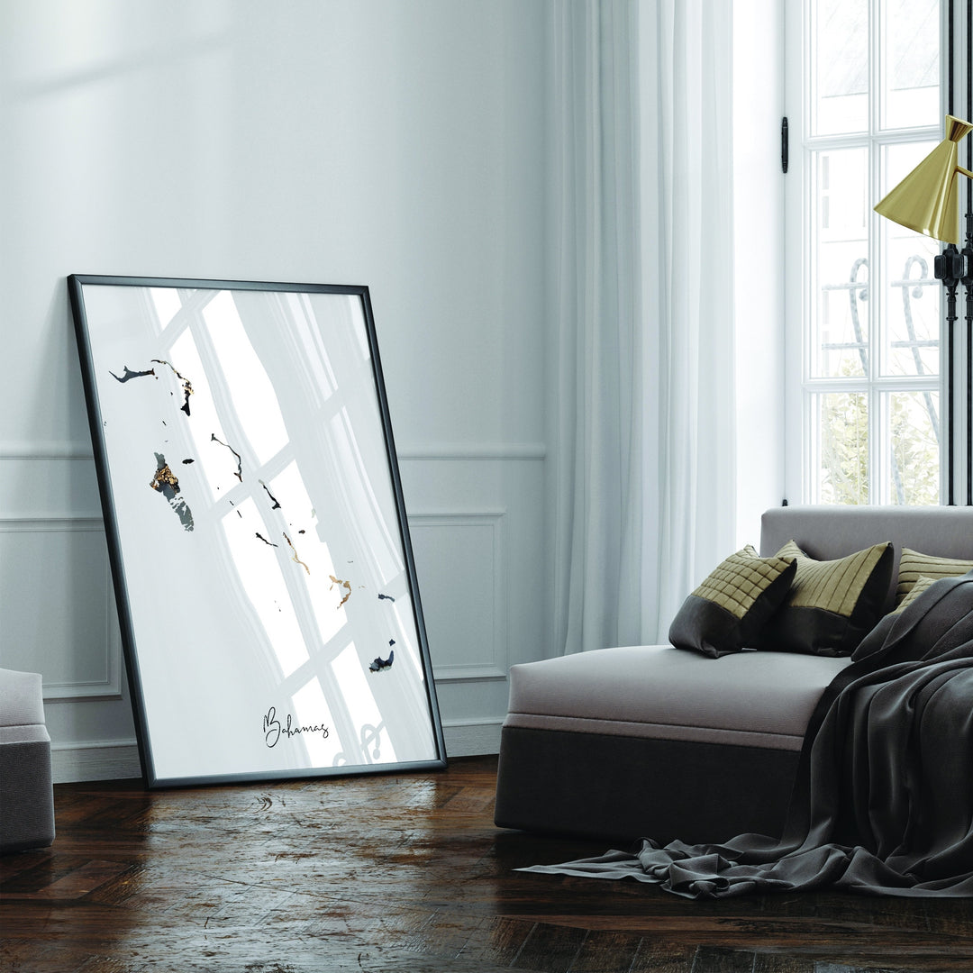 The Bahamas Map Black & Gold Wall Art Print