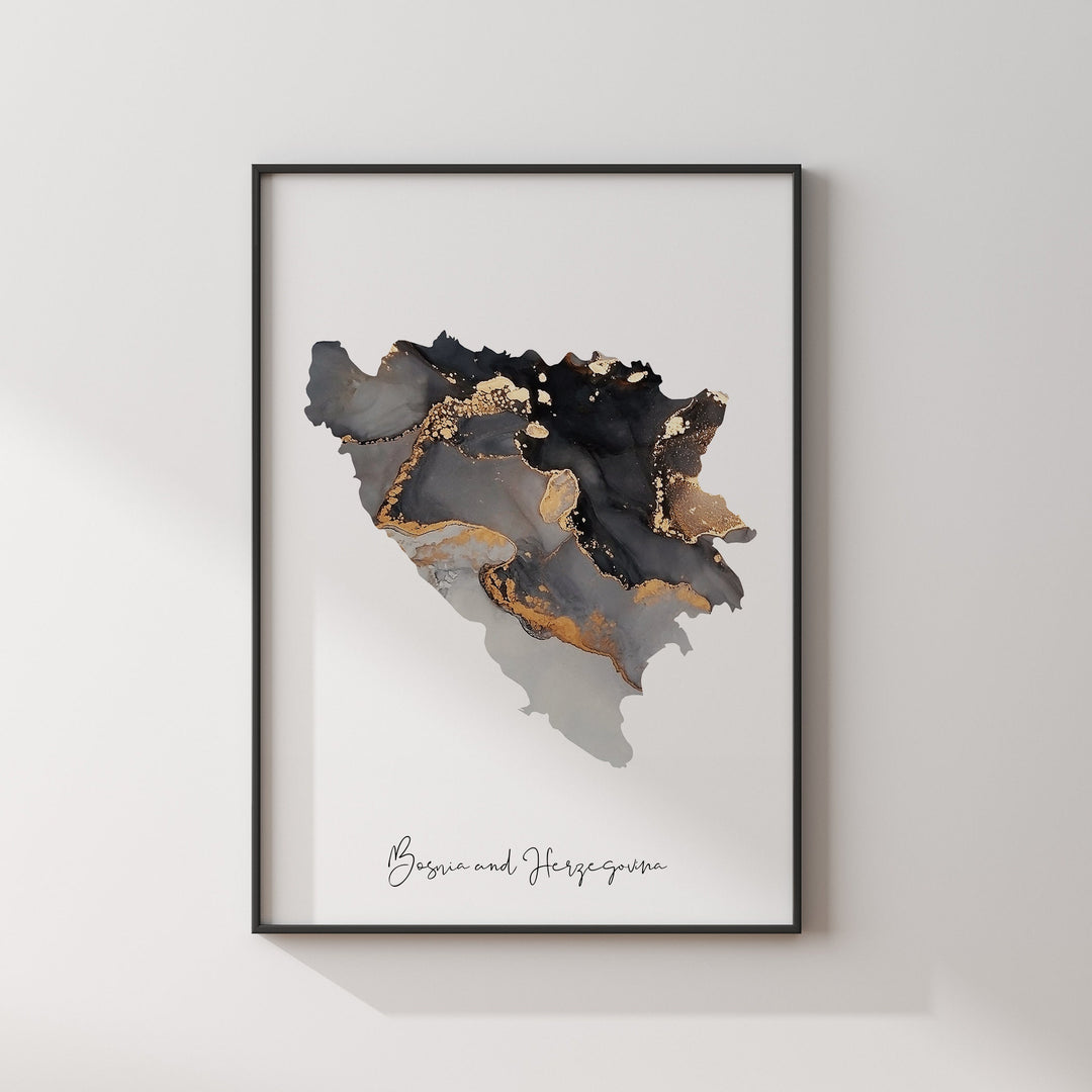 Bosnia and Herzegovina Map Black & Gold Wall Art Print