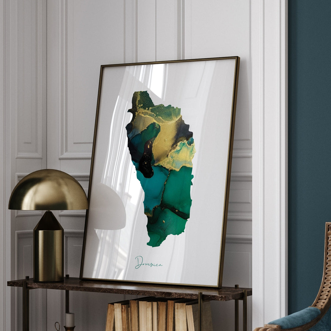 Dominica Map Emerald Green and Gold Wall Art Print