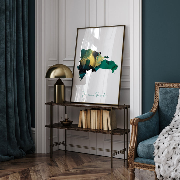 Dominican Republic Map Emerald Green and Gold Wall Art Print
