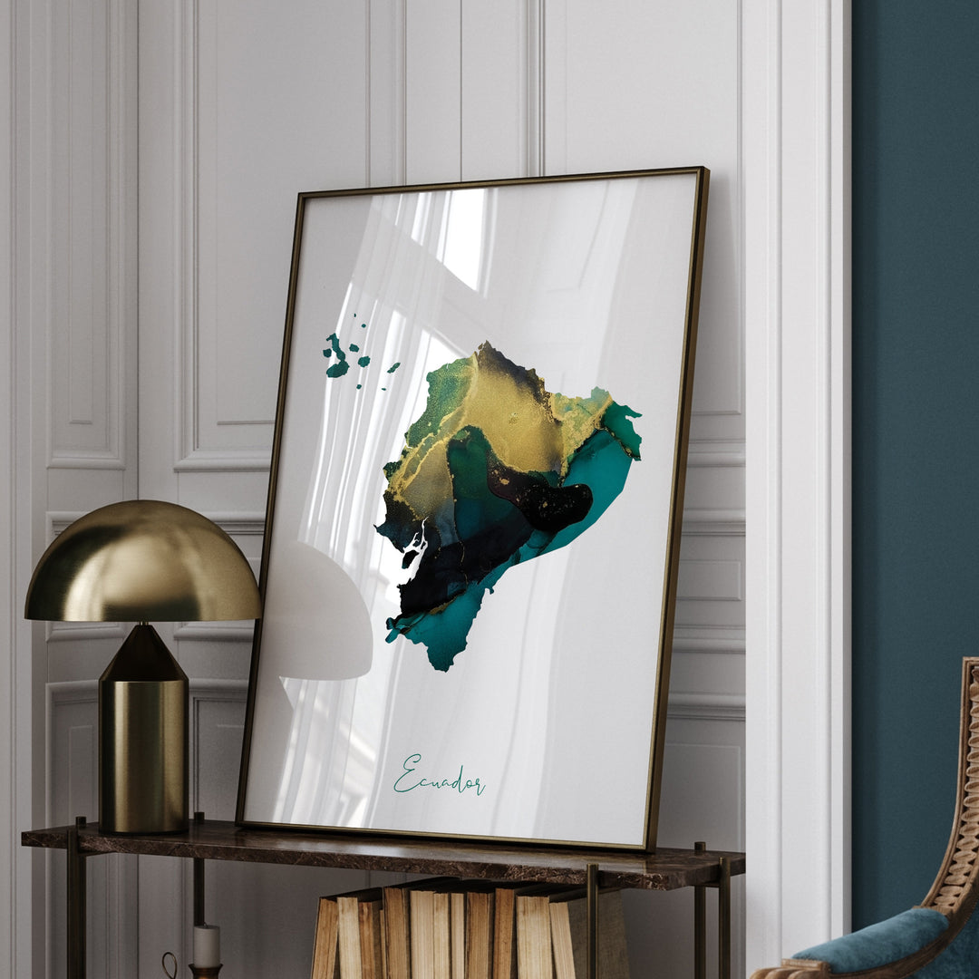 Ecuador Map Emerald Green and Gold Wall Art Print