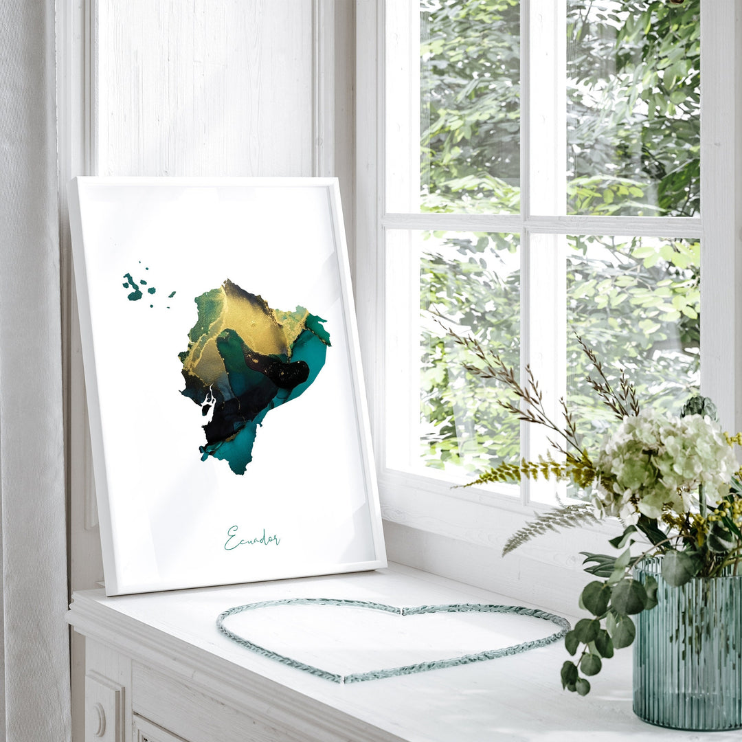Ecuador Map Emerald Green and Gold Wall Art Print