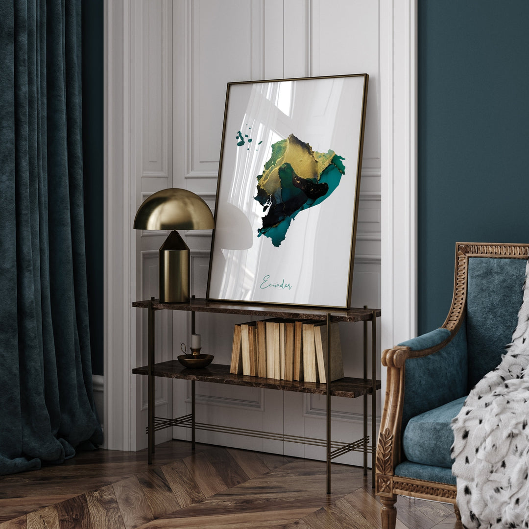 Ecuador Map Emerald Green and Gold Wall Art Print