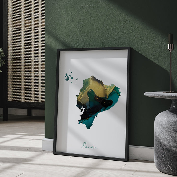 Ecuador Map Emerald Green and Gold Wall Art Print