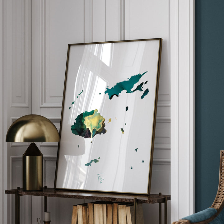 Fiji Map Emerald Green and Gold Wall Art Print