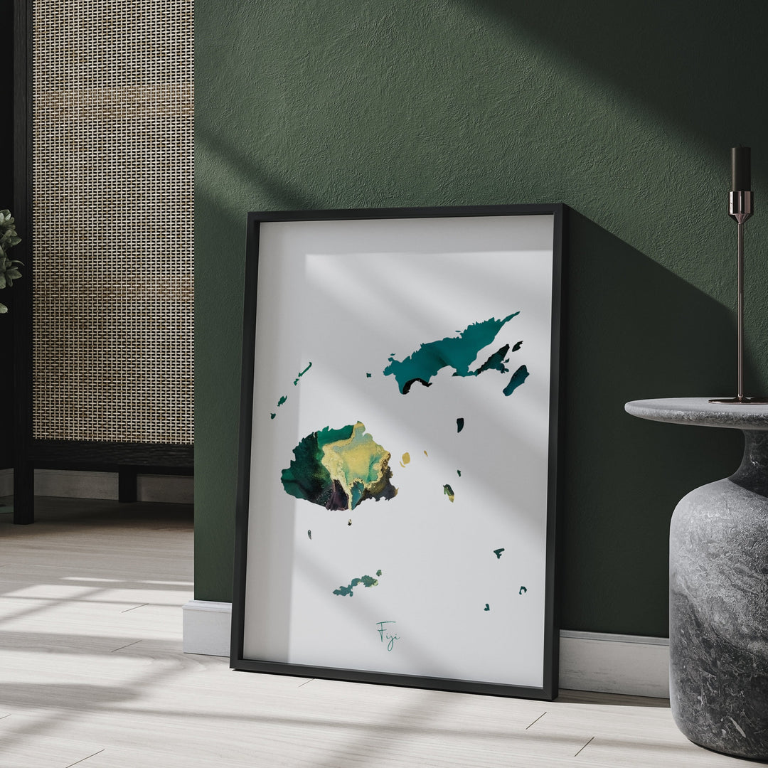 Fiji Map Emerald Green and Gold Wall Art Print
