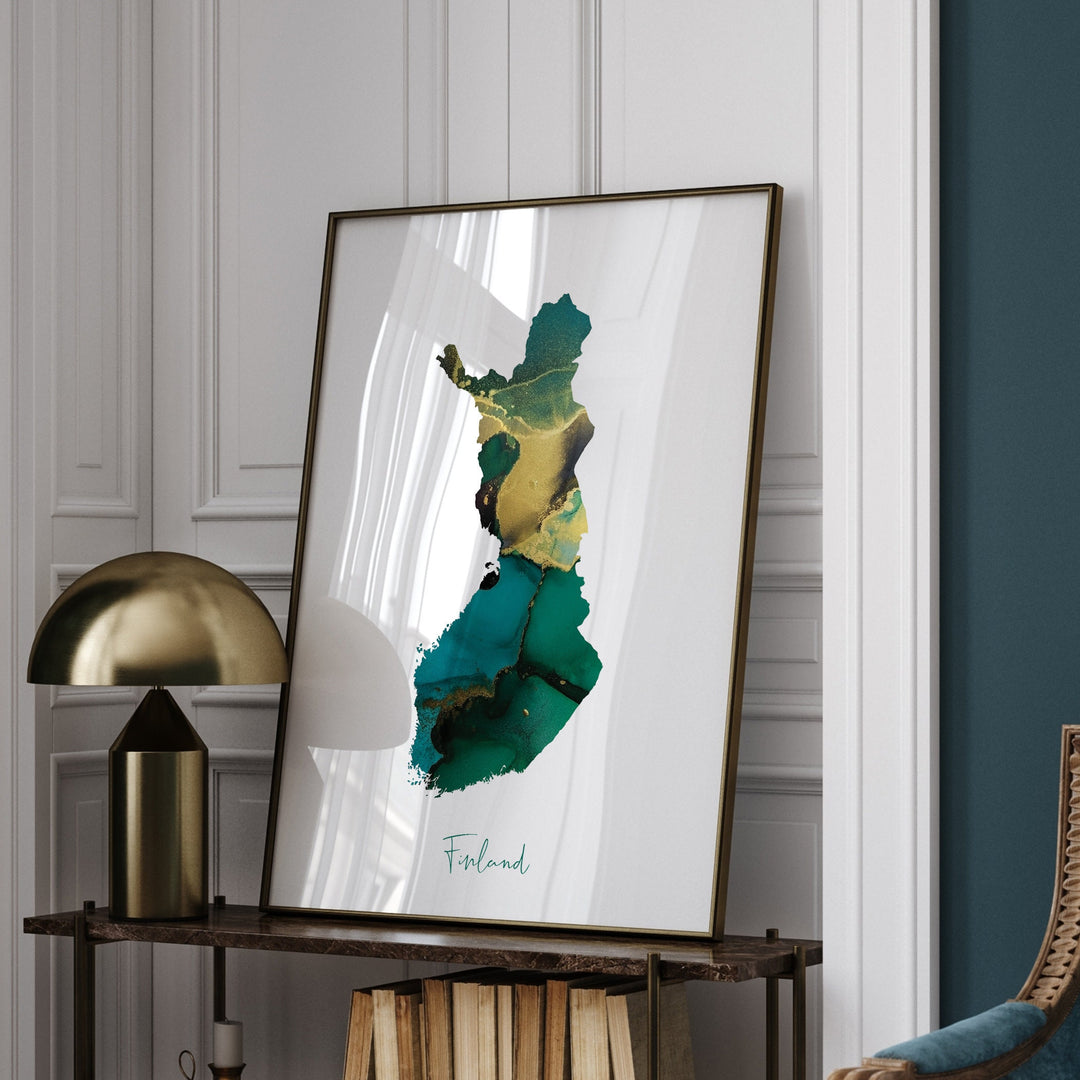 Finland Map Emerald Green and Gold Wall Art Print