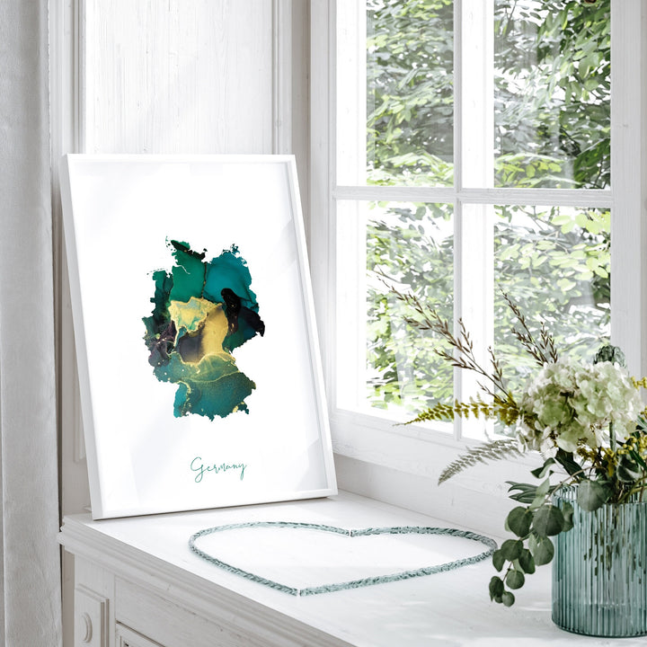 Germany Map Emerald Green and Gold Wall Art Print