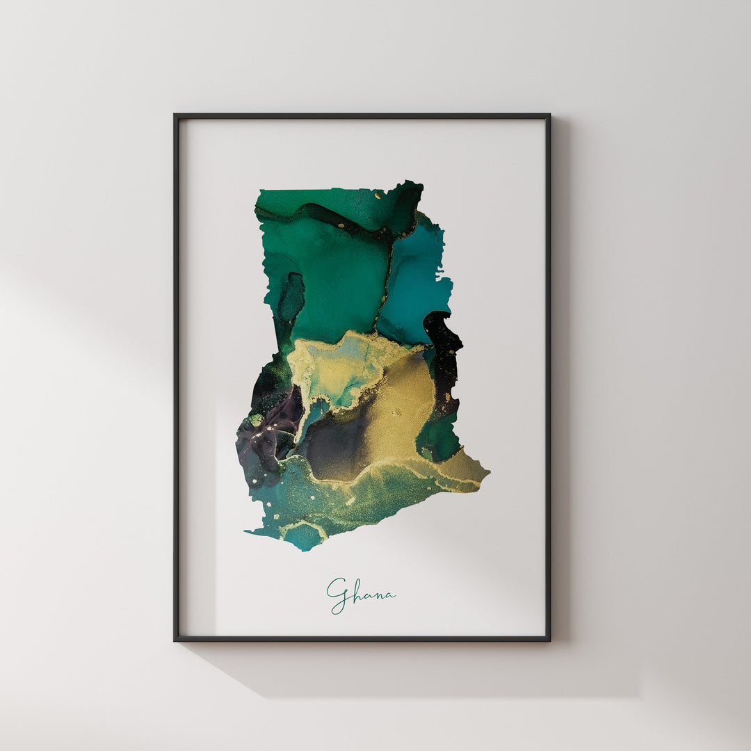 Ghana Map Emerald Green and Gold Wall Art Print