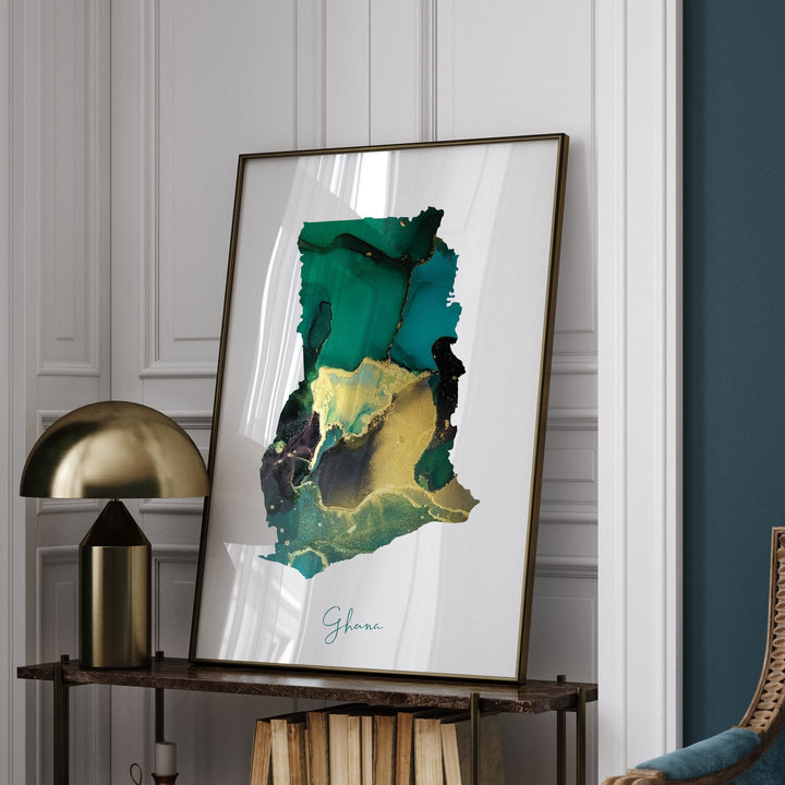 Ghana Map Emerald Green and Gold Wall Art Print